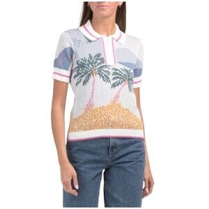 Cynthia Rowley Trending Polo Collar Palm Tree Short Sleeve Sweater Size XL